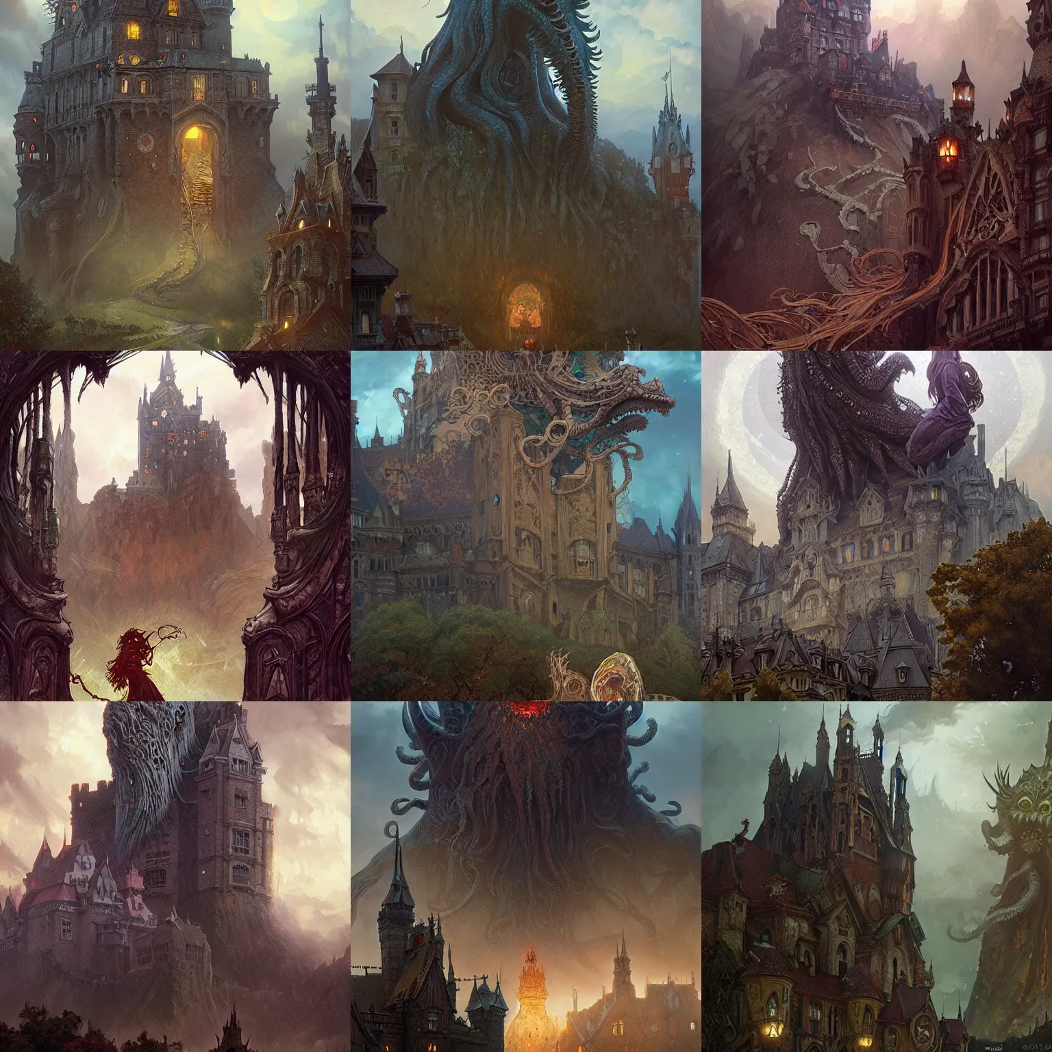 Prompt: giant lovecraftian monster looms over a castle, high fantasy, horror highly detailed, digital painting, artgerm and greg rutkowski and alphonse mucha