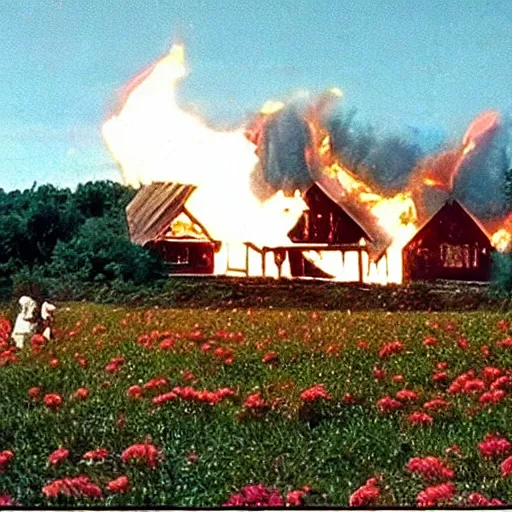 Image similar to vhs 1 9 8 0 s footage of a scene from the movie midsommar a - line shaped wooden building on fire, field of flowers