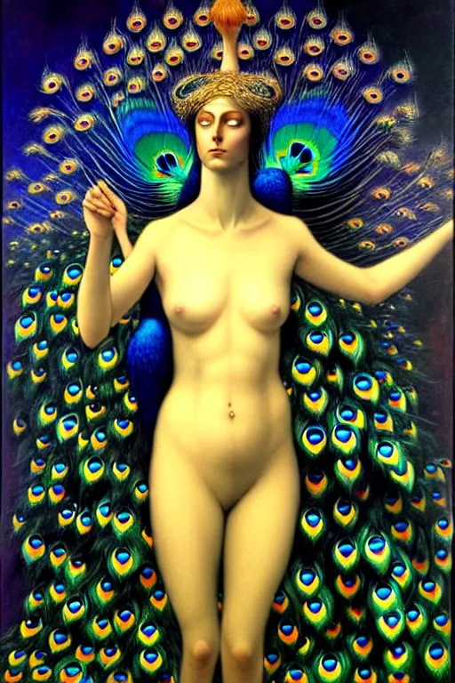 Prompt: the vision of the universal peacock by brom, symbolist, visionary