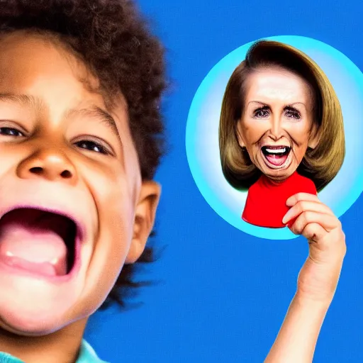 Image similar to a very excited young man with an open mouth smile, drooling over a tiny nancy pelosi on a plate