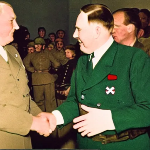 Prompt: adolf hitler shaking hands with shrek at the peace meetings, 1 9 4 0, recolored, vintage