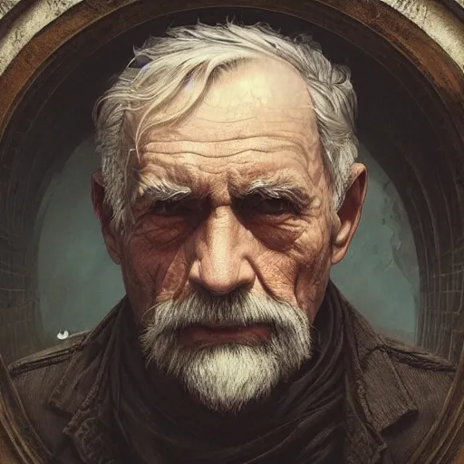 Image similar to distant shot from above painting of an old man in sorrow, staring at the underworld, ultra realistic, concept art, intricate details, eerie, highly detailed, photorealistic, octane render, 8 k, unreal engine. art by artgerm and greg rutkowski and alphonse mucha