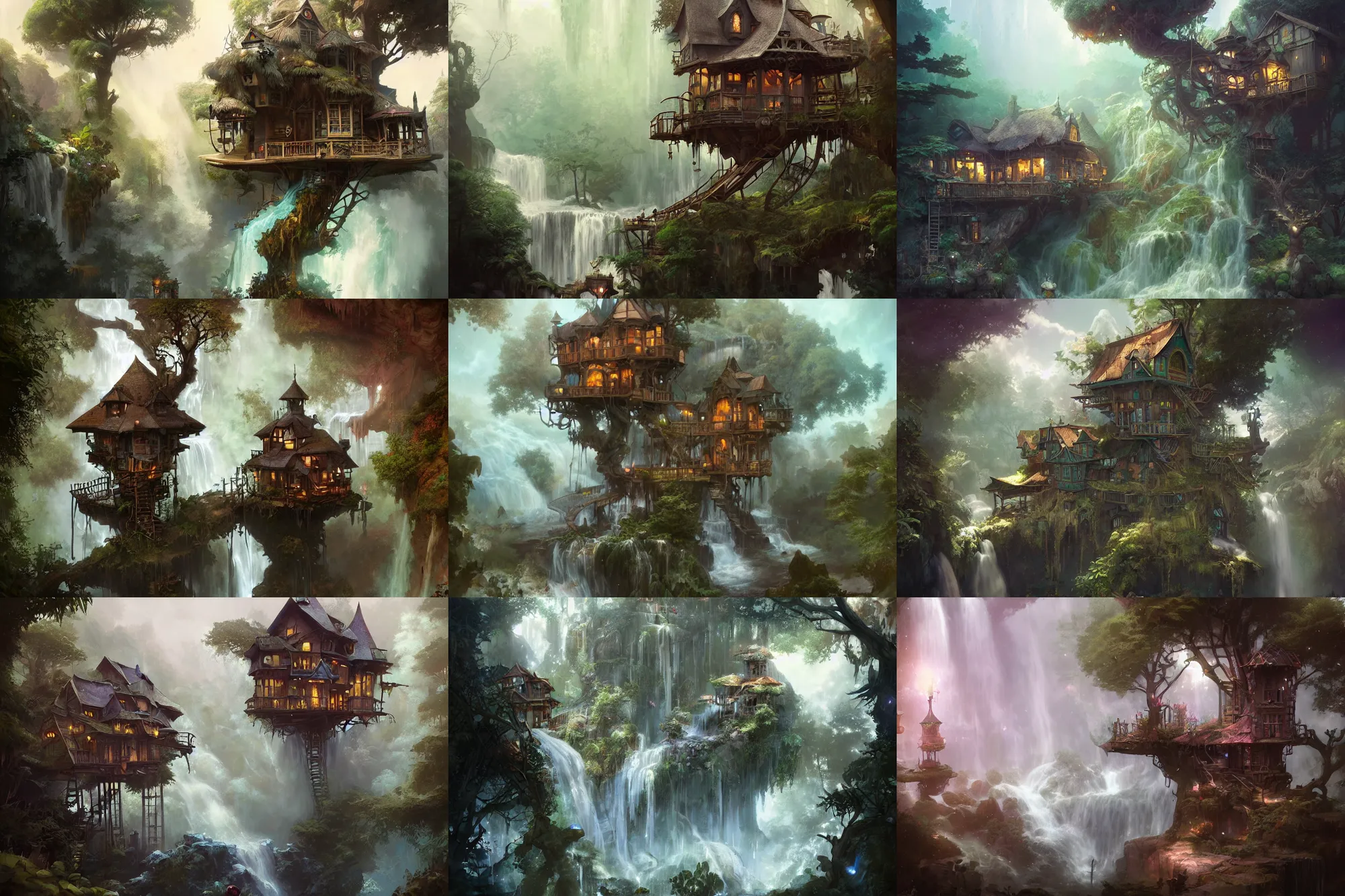 Prompt: treehouse victorian village in a waterfall, by peter mohrbacher dan mumford craig mullins nekro, volumettic light, cgsociety, pixiv, 3 d render