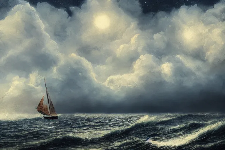 Image similar to a real photographic landscape painting with incomparable reality, super wide, ominous sky, sailing boat, wooden boat, lotus, huge waves, starry night, harry potter, volumetric lighting, clearing, realistic, james gurney, artstation