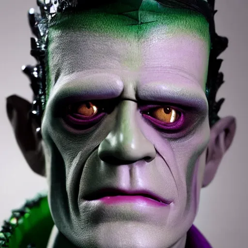 Image similar to frankenstein in green and purple, detailed skin, shiny jewels, professional make up, elvis hair style, created by the make up artist hungry, photographed by andrew thomas huang, cinematic, expensive visual effects