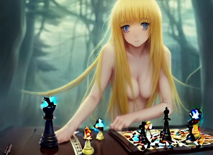 Image similar to rimuru playing chess, with amber eyes of gold color, straight hair, sky blue hair, long bangs, high collar, concept art, award winning photography, digital painting, cinematic, by wlop, anime key visual, wlop, 8 k, by ross tran, tom bagshaw, andy warhol