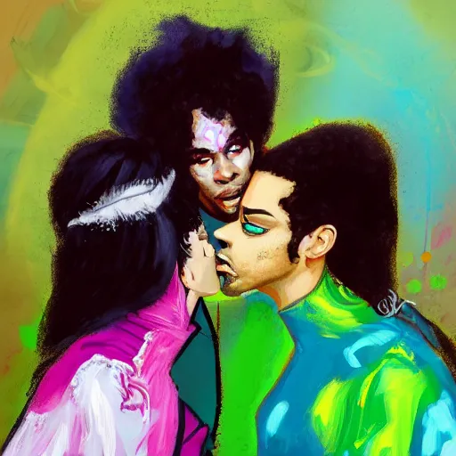 Image similar to a messy painting of Prince. Jealousy. Twin sisters. Trending on ArtStation