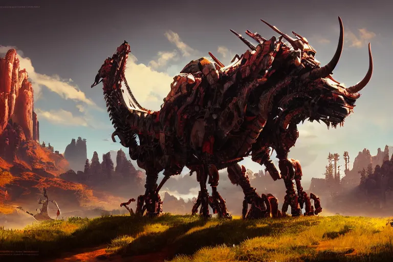 Image similar to grimhorn fanghorn machine mecanical creature robot of horizon forbidden west horizon zero dawn bioluminiscence global illumination ray tracing hdr fanart arstation by ian pesty and alena aenami artworks in 4 k