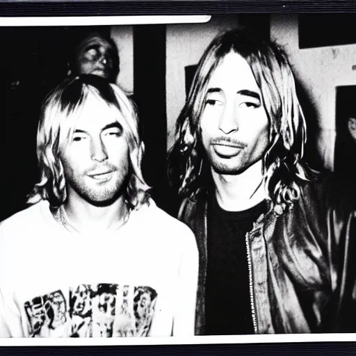 Prompt: Polaroid photograph of Kurt Cobain and Tupac Shakur in a club, blurry, XF IQ4, 150MP, 50mm, F1.4, ISO 200, 1/160s, natural light, Adobe Lightroom, photolab, Affinity Photo, PhotoDirector 365,