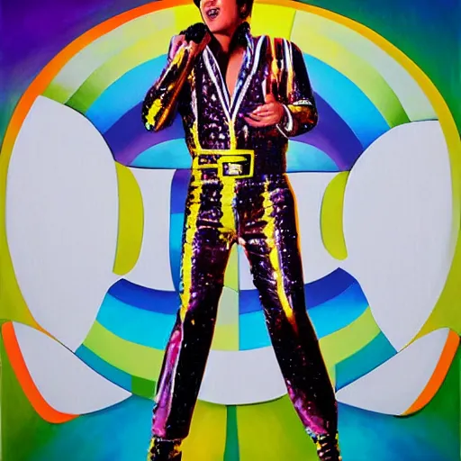 Prompt: elvis presley performing in a jumpsuit, art by alessandro pautasso, rainbow geometric face, fractal, paint splash, full body, beautiful