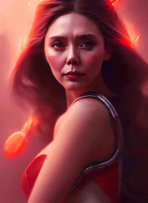 Image similar to portrait of modern darna, elizabeth olsen, intricate, elegant, glowing lights, highly detailed, digital painting, artstation, glamor pose, concept art, smooth, sharp focus, illustration, art by wlop, mars ravelo and greg rutkowski