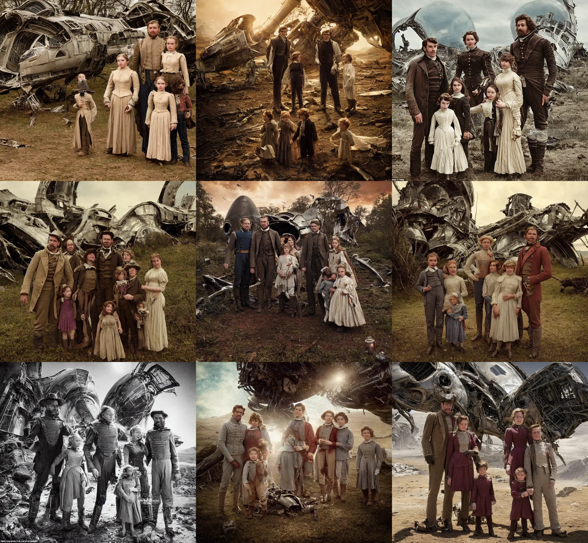 Prompt: extra sharp, detailed, film from a blockbuster sci fi 8 k color movie, set in 1 8 6 0, family standing in front of a crashed spaceship, on alien planet, looking happy, wearing 1 8 5 0 s era clothes, atmospheric lighting, in focus, reflective eyes, 3 5 mm macro lens, live action, nice composition, good photography, clear facial details