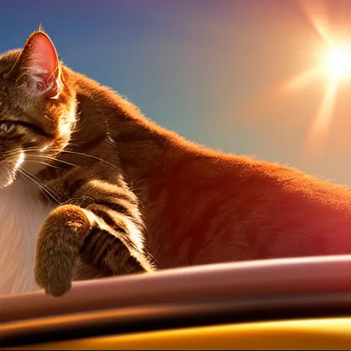 Prompt: cat cruising in a cabriolet, golden hour, front top side view, golden ratio, idyllic setting
