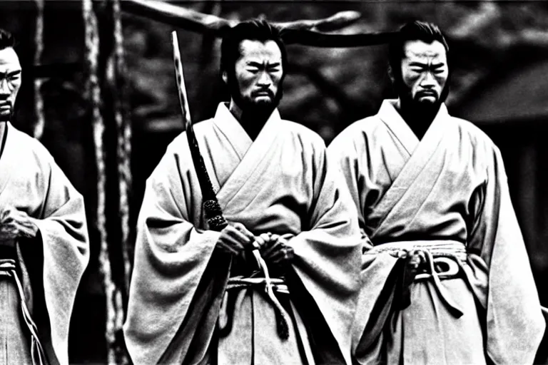 Prompt: clint eastwood and toshiro mifune as a ronin samurai brothers, in robes, in the movie seven samurai ( 1 9 5 4 ). grainy movie still, high detail