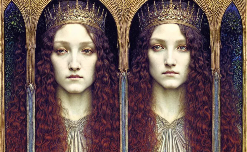 Image similar to detailed realistic beautiful young medieval queen face portrait by jean delville, gustave dore and marco mazzoni, art nouveau, symbolist, visionary, gothic, pre - raphaelite. horizontal symmetry