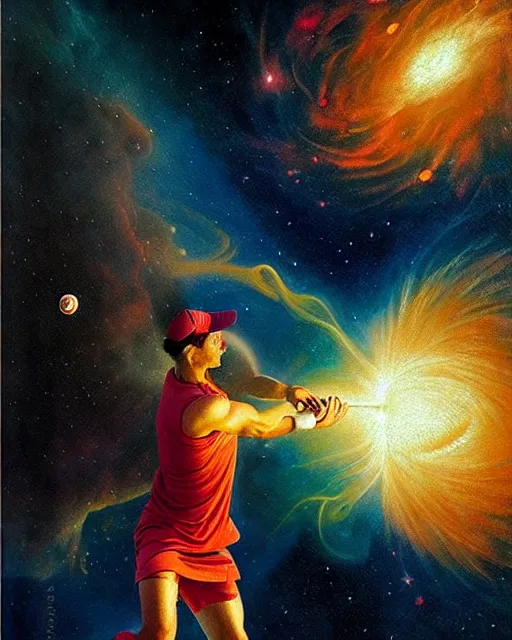 Prompt: cosmic tennis player serving a tennis ball in a nebula, an oil painting, by ( leonardo da vinci ) and greg rutkowski and rafal olbinski, award - winning magazine cover