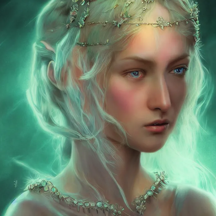 Prompt: elvish princess, pulp, extremely detailed, sharp focus, pastel colors, intricate, realistic, smooth, volumetric lighting, digital painting, by eric stanton