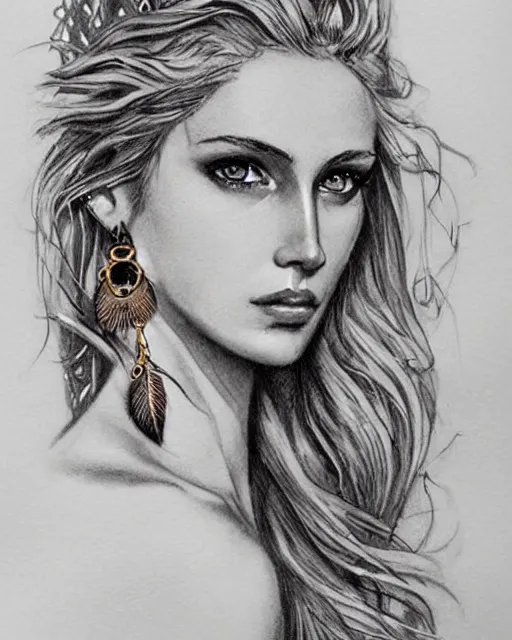 Image similar to tattoo sketch of beautiful greek goddess aphrodite with arrowhead earrings, beautiful feather jewelry, beautiful piercing eyes, flowing blonde hair, realistic face, hyper realistic, in the style of greg rutkowski, fantasy, amazing detail, epic, elegant, smooth, sharp focus, from the front