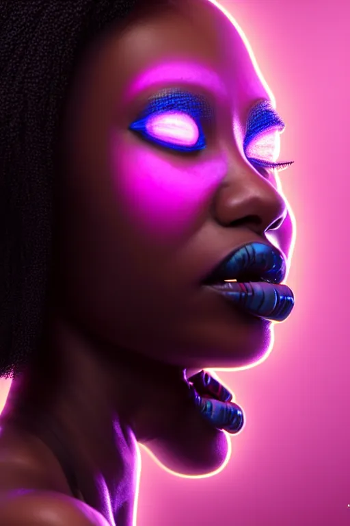 Prompt: 3 / 4 portrait black girl having orgasm eyes closed with transparent skin, visible muscle and bones and veins and nerves, hyperrealism, detailed textures, photorealistic 3 d cyberpunk, explosion of neon lights, ultra realistic, cinematic, intricate, cinematic light, unreal engine 8 k, octane render, unreal engine by david kostic and stanley lau and artgerm