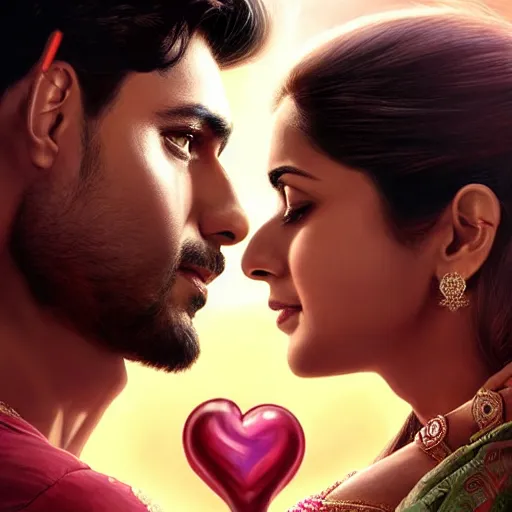 Image similar to perfectly centered bollywood movie promotional poster of anatomically correct hero and heroine side profile faces symmetrical ; real life portrait, ultra realistic, high coherence, intricate, hdr, highly detailed, photorealistic, octane render, 8 k, unreal engine ; romantic theme, two lovers sharing one heart ; art by artgerm, greg rutkowski, charlie bowater