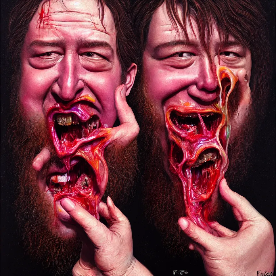 Prompt: weird and disturbing psychedelic bill hicks eating rotten flesh, smiling and puking, diffuse lighting, fantasy, intricate, elegant, highly detailed, lifelike, photorealistic, digital painting, artstation, illustration, concept art, smooth, sharp focus, art by francis bacon