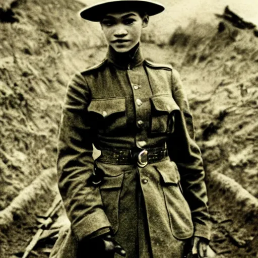 Image similar to Zendaya as a soldier, ww1 trench, war photo, film grain