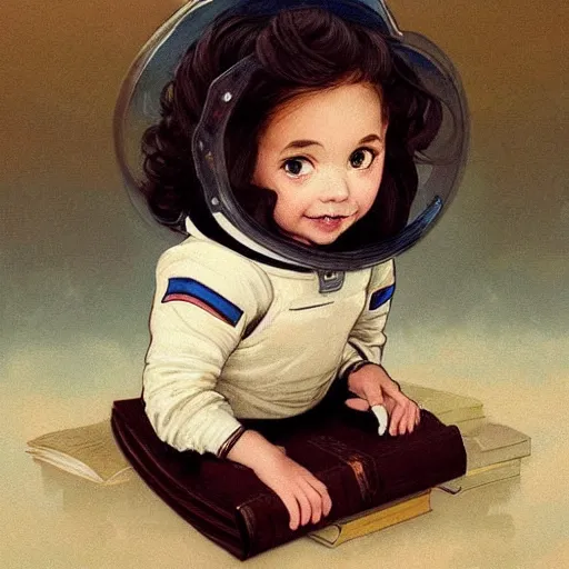 Prompt: a cute little girl with a mischievous face and short brown wavy curly hair sitting on top of a tall pile of books. she is dressed as an astronaut. well composed, clean elegant painting, beautiful detailed face. comic book art by artgerm and greg rutkowski and ( alphonse mucha )