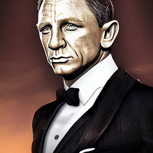 Prompt: a highly detailed portrait of daniel craig, aged 6 5, in a tuxedo, in the style of cedric peyravernay