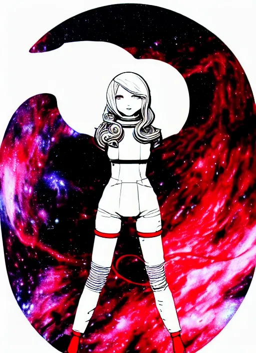 Prompt: highly detailed portrait of a hopeful pretty astronaut lady with a wavy blonde hair, by Jack Gaughan , 4k resolution, nier:automata inspired, bravely default inspired, vibrant but dreary but upflifting red, black and white color scheme!!! ((Space nebula background))