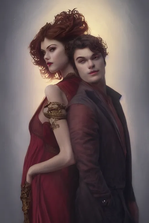 Prompt: a portrait of handsome young evil male Satan and his elegant beautiful wife, bored, illustration, dramatic lighting, soft details, painting oil on canvas, art nouveau, octane render, HDR, 4k, 8k, HD, by Edmund Blair Leighton, Brom, Charlie Bowater, trending on artstation, faces by Tom Bagshaw, Sargent