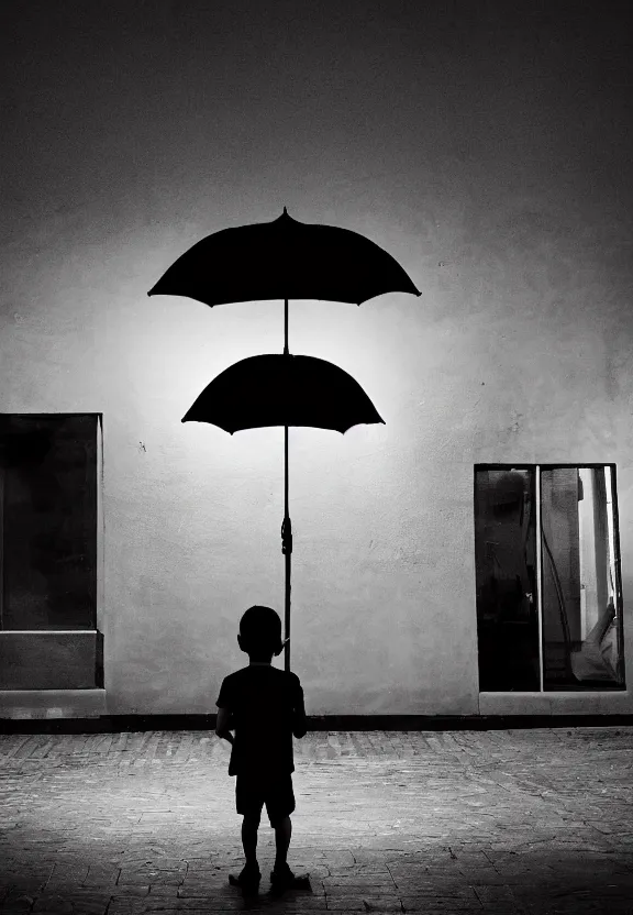 Prompt: little boy holding an umbrella in front of a bar at night, full moon, minimalist, black and white artwork