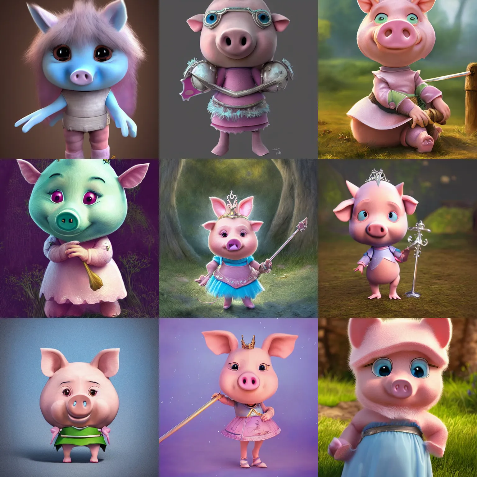 Prompt: very cute and adorable little anthropomorphic piggy knight princess, piglet, cartoon , fantasy forest, pale blue armor, cute and adorable, pretty, Dysney, Pixar style, photorealistic, 3d render, octane render, HDR, 8k, highly detailed, DnD character art portrait, matte fantasy painting, DeviantArt Artstation, by Jason Felix by Steve Argyle by Tyler Jacobson by Peter Mohrbacher, cinematic lighting