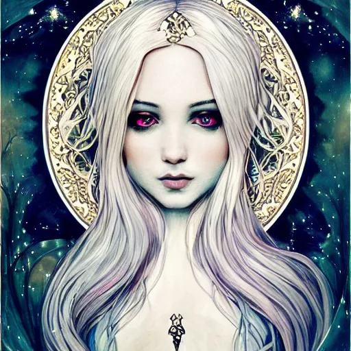 Image similar to seductive eyes, ethereal white witch girl portrait, art nouveau, fantasy, intricate designs, elegant, highly detailed, sharp focus, galaxies, female