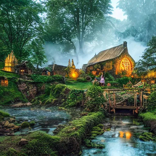 Prompt: medieval hobbit village, huge bonfire, ornate, beautiful, atmosphere, vibe, mist, smoke, fire, chimney, rain, wet, pristine, puddles, waterfall, melting, dripping, snow, creek, lush, ice, bridge, stew, loaves, green, stained glass, forest, roses, flowers, color page, 4 k, contest winner