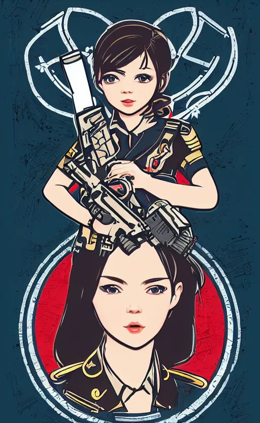 Image similar to patch design, girl, by kuvshinov ilya, concept art, trading card front, insignia, soldier clothing, military gear, vector line art