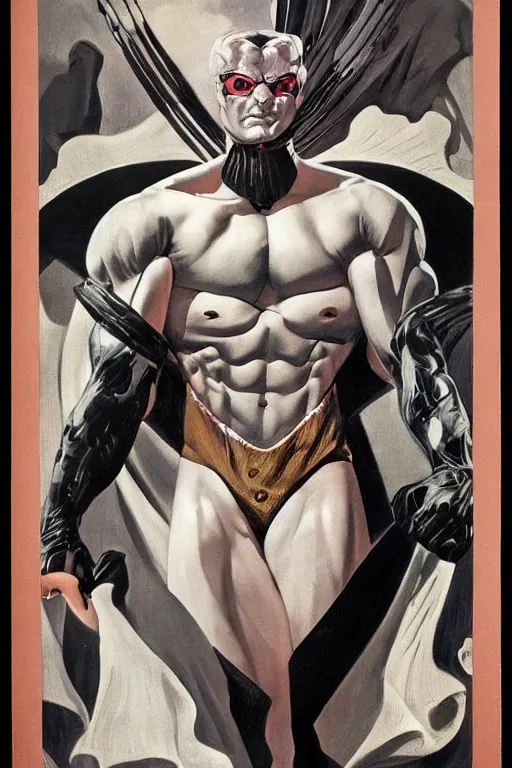 Image similar to close up portrait of strong muscular handsome super villain diabolik, groovy and cool, black zentai and long eyelashes, by j. c. leyendecker, james gurney, gerald brom