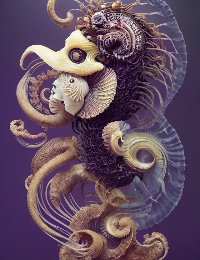 Image similar to 3 d goddess nautilus half - turn portrait with long hair with ram skull. beautiful intricately detailed japanese crow kitsune mask and clasical japanese kimono. betta fish, jellyfish phoenix, bio luminescent, plasma, ice, water, wind, creature, artwork by tooth wu and wlop and beeple and greg rutkowski