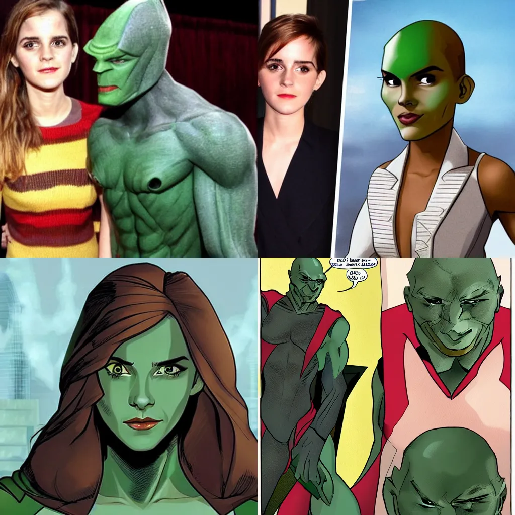 Prompt: martian manhunter shapeshifts into Emma Watson