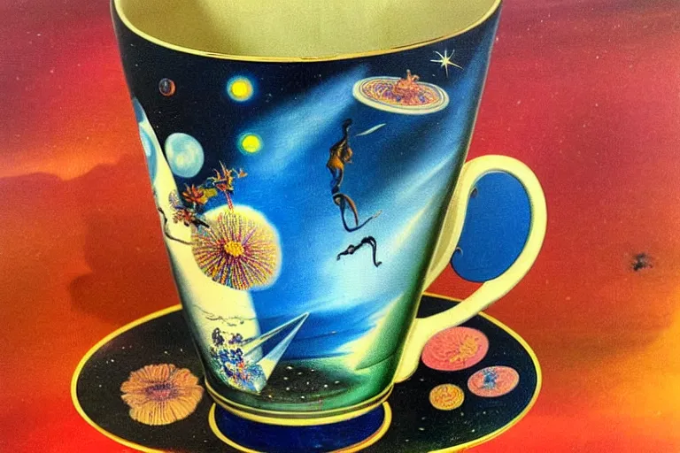 Image similar to painting of Starry cosmos trapped in vintage enameled cup of tea By Salvador Dali