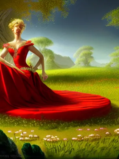 Image similar to venus, wearing a magnificent dress, sitting on a red divan in the middle of a beautiful green plains during spring. intricate, elegant, highly detailed, digital painting, artstation, concept art, sharp focus, illustration, by justin gerard and artgerm, 8 k