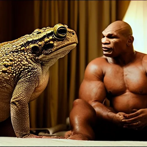 Image similar to a giant toad sitting with mike tyson in a large hotel room, movie directed by martin scorsese and christopher nolan, masterpiece, 8 h