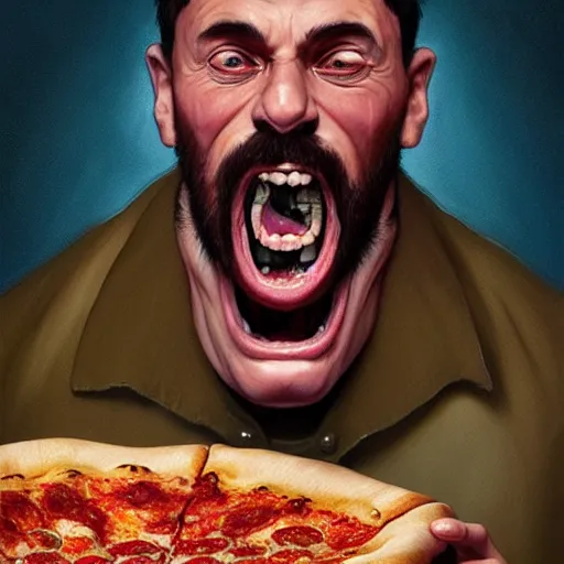 Image similar to portrait of weird tony opening his mouth to eat pizza, highly detailed, digital painting, artstation, concept art, sharp focus, illustration, art by artgerm and greg rutkowski and alphonse mucha