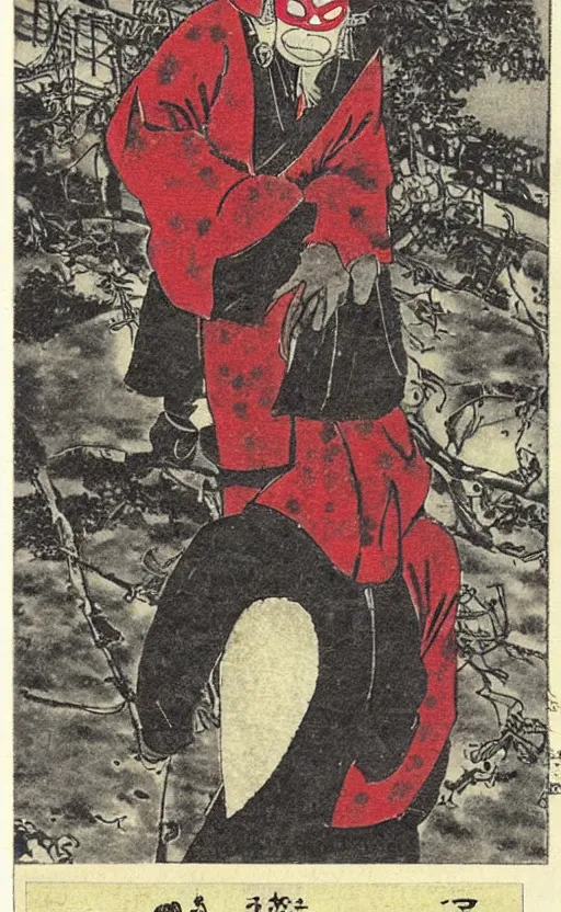 Prompt: by akio watanabe, manga art, a man masked as tengu sitting, red mask, abandoned japaense village, trading card front