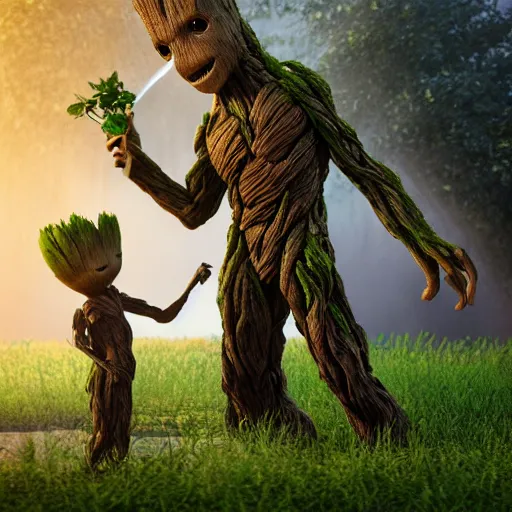 Image similar to photorealistic shot of Groot watering The earth with a watering can, octane render, unreal engine 4k, volumetric light, fog, detailed,