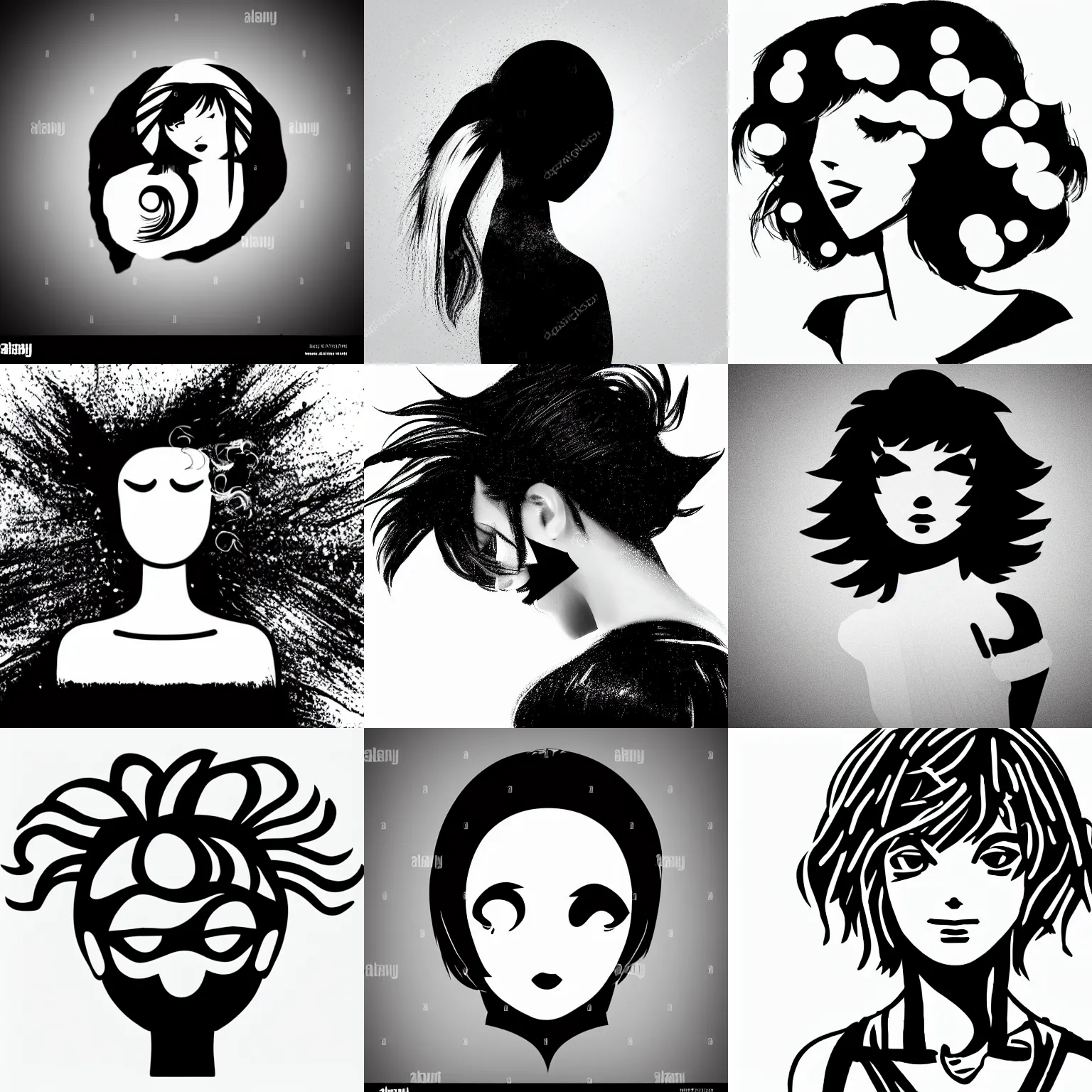 Prompt: black and white logo of faceless woman head and shoulders and hair, central composition, elegant, simple, in style of scott pilgrim