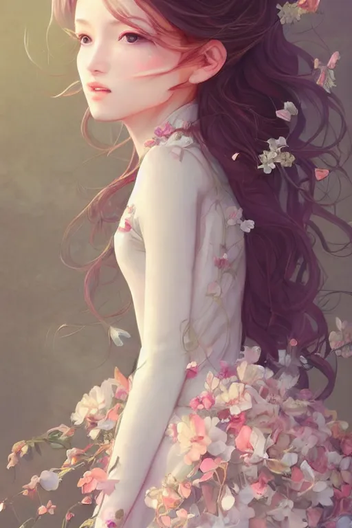 Image similar to romantic and fashion and love princess of the flower with sheath dress, 8 k realistic, teenager girl, baroque, symmetrical, flowing hair, smile, trending pinterest and pixiv, muted colors, hyperrealistic, l close up shot, character concept art, face by kyoung hwan kim, alexandra fomina, ilya kuvshinov