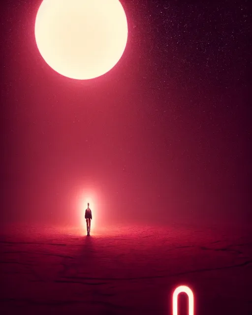 Image similar to a person standing in front of a glowy open door that's on a barren moon, poster art by mike winkelmann, trending on cg society, space art, sci - fi, ue 5, futuristic, volumetric lighting, light casting onto the ground, neat composition and camera angle