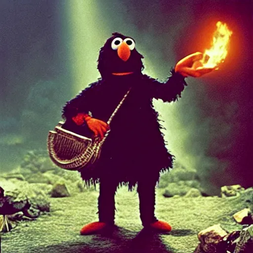 Prompt: “film still of Bert from Sesame Street throwing the one ring into Mount Doom, directed by Peter Jackson”