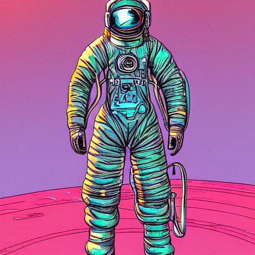 Image similar to a detailed illustration of a cyberpunk astronaut in the style of moebius, pastell colors