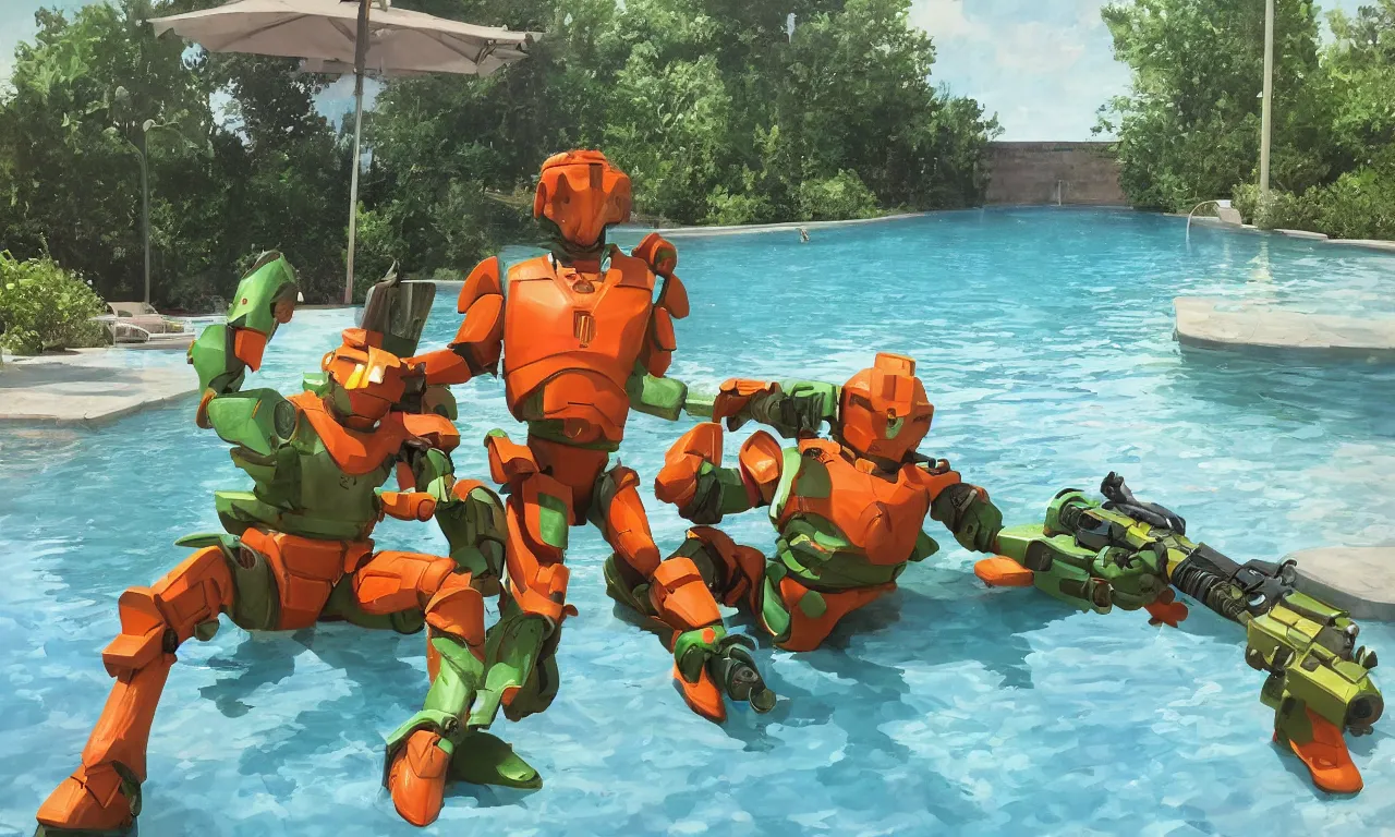 Prompt: a cg painting of masterchief enjoying a relaxing summers day by the pool